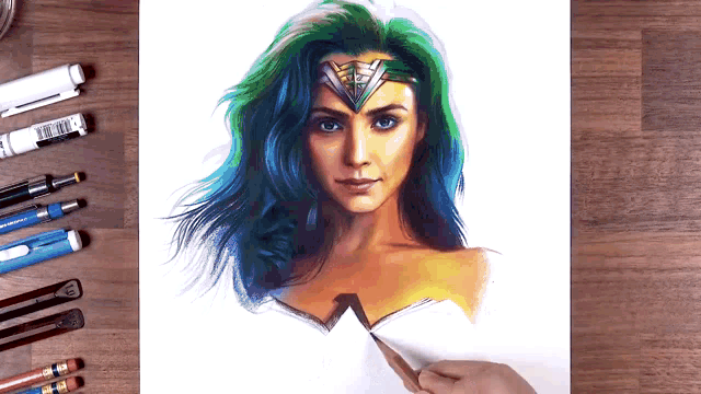a drawing of wonder woman with blue hair and a crown
