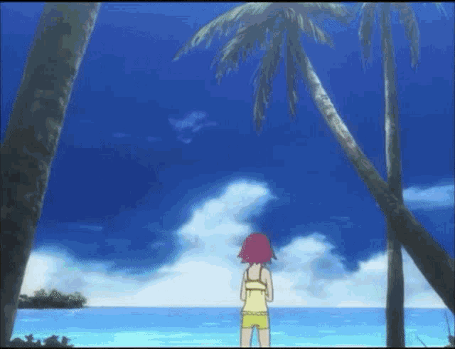 a girl in a yellow bikini stands on a beach looking at the ocean