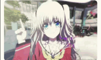 a girl with white hair and blue eyes is pointing up