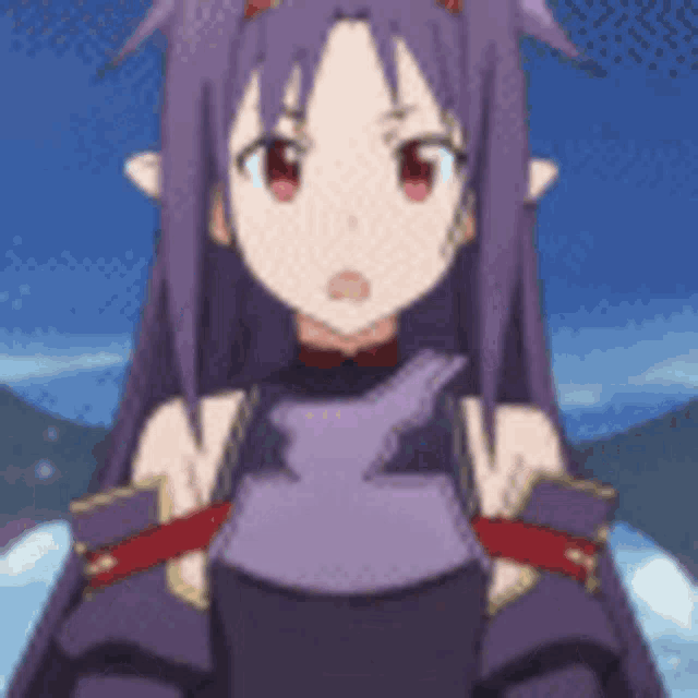 a close up of a purple haired anime girl holding a purple cat .