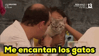 a man petting a cat with the words me encantan los gatos in the corner