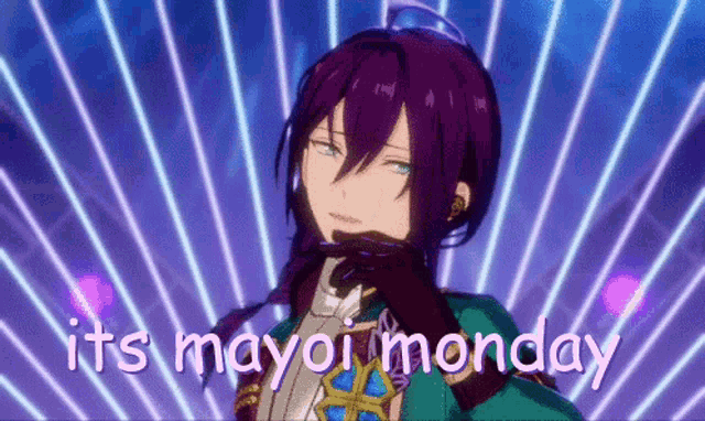 a purple haired anime character with the words it 's mayoi monday