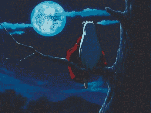 a cartoon character sitting on a tree branch looking at the full moon