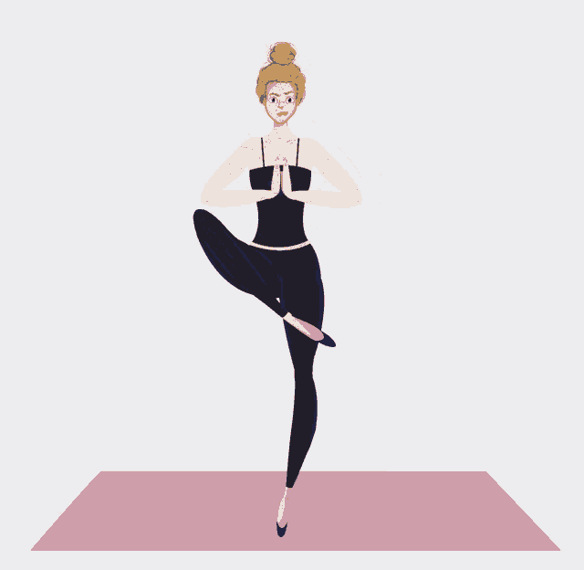 a woman is standing on one leg on a pink mat