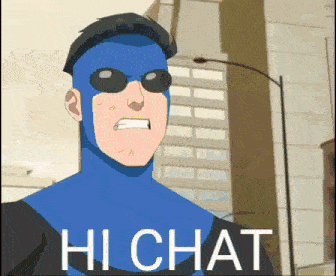 a cartoon character wearing sunglasses and a blue superhero costume is standing in front of a building and says hi chat .