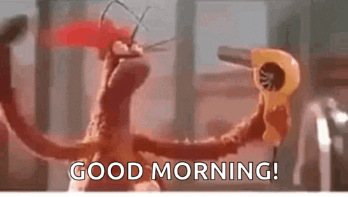a cartoon character is holding a hair dryer and saying good morning .