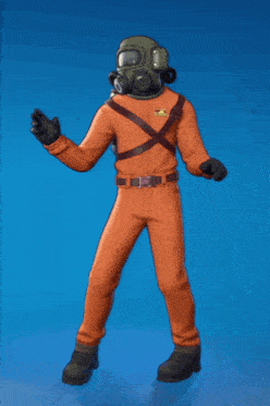 a cartoon character wearing a gas mask and an orange jumpsuit