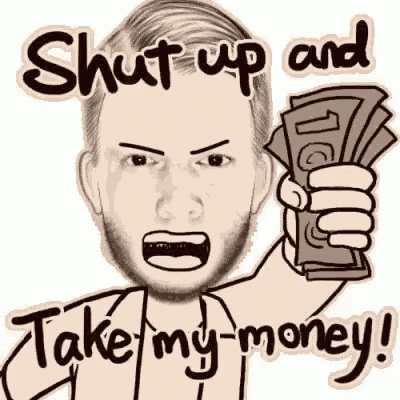 a man with a beard is holding a bunch of money and yelling .