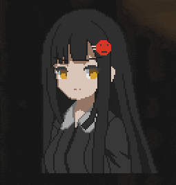 a pixel art drawing of a girl with long black hair and a red flower in her hair