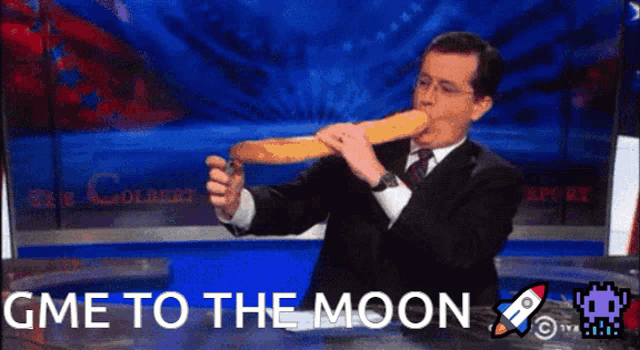 a man eating a baguette with the words gme to the moon