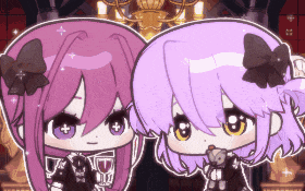 two anime girls with purple hair are standing next to each other in front of a chandelier