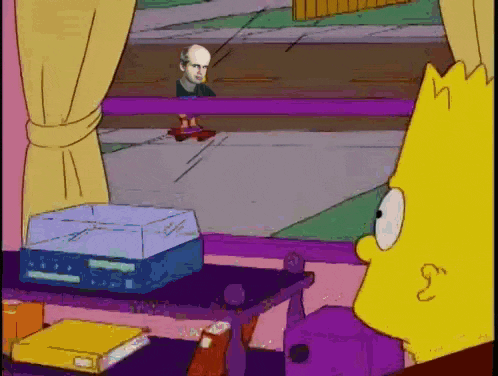 a cartoon of bart simpson looking out a window at a man