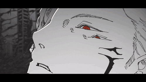 a drawing of a person 's face with red eyes