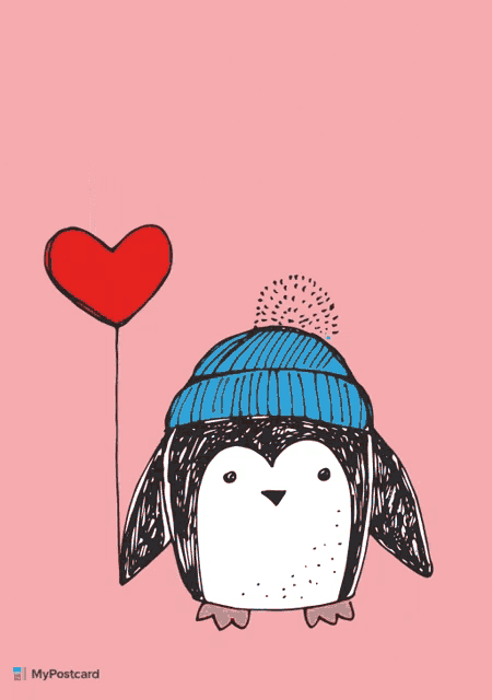 a penguin wearing a blue hat is holding a heart shaped balloon that says " i love you "