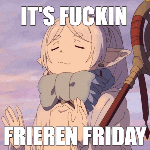 a cartoon character says it 's fuckin frieden friday