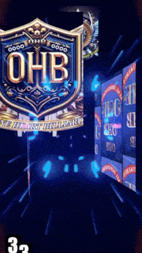 a sign that says ohb on it with a clock behind it