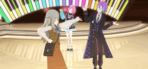 a group of anime characters are dancing on a stage with piano keys in the background .