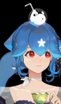 a girl with blue hair has a penguin on her head and a star on her chest .