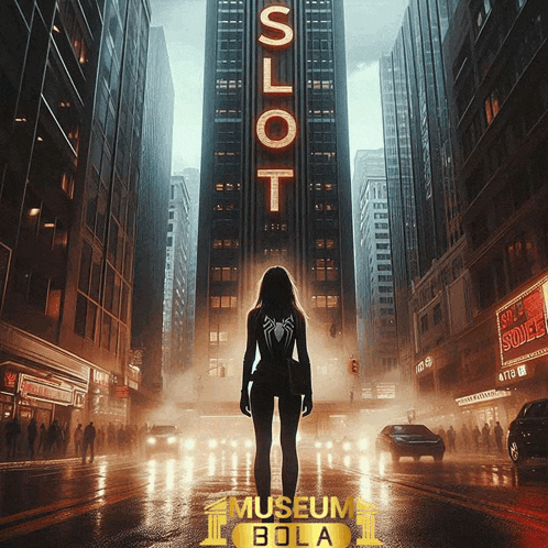a woman stands in front of a building that says slot on it