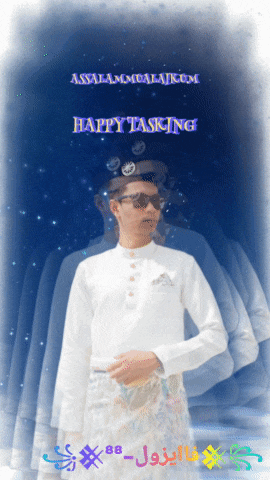a man in a white shirt stands in front of a blue background with the words happy tasking