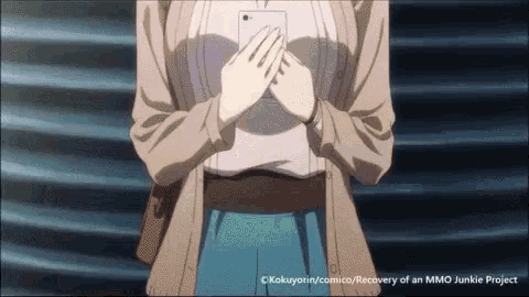 a cartoon of a woman holding a cell phone with the words " recovery of an mmo junkie project " below her