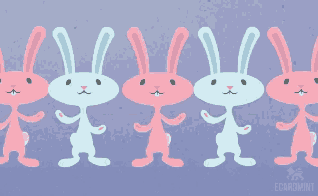 a row of pink and blue rabbits on a purple background with the word ecardmint on the bottom