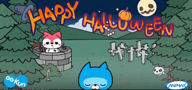a cartoon drawing of a cat with the words happy halloween above it