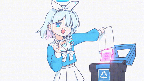 a cartoon of a girl throwing a bag into a trash can