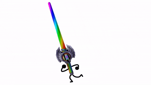 a cartoon character is holding a rainbow colored sword with a face on it
