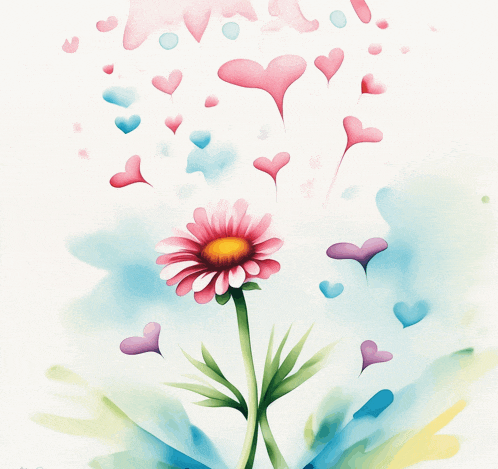 a painting of a pink flower with hearts coming out of it