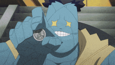 a cartoon character is holding a coin in his hand and his eyes are glowing brightly