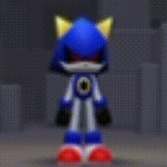 a pixelated image of metal sonic from sonic the hedgehog is standing in a dark room .