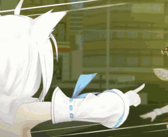 a cartoon character with white hair is pointing at something in the distance