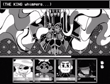 a black and white cartoon with the king whimpers