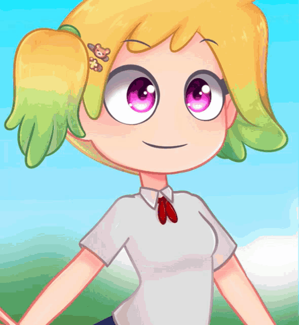 a cartoon drawing of a girl with green hair