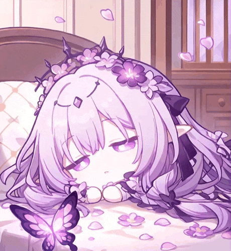a girl with purple hair is laying on a bed with flowers on her head