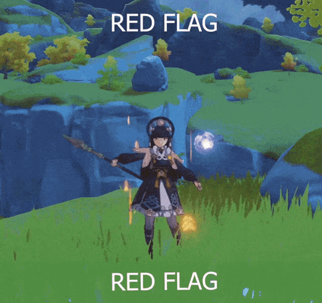 a video game character is holding a sword and the word red flag is on the bottom