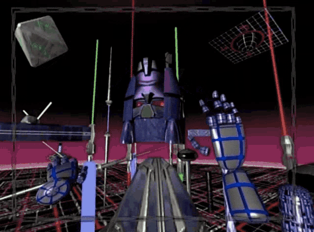 a computer generated image of a robot with a purple head and blue arms