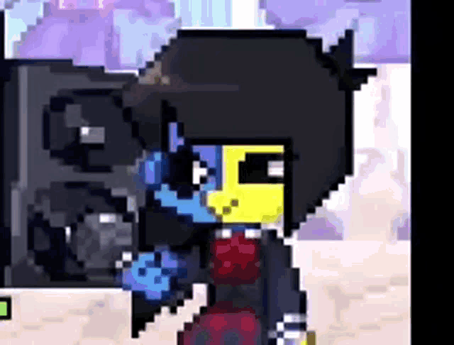 a pixel art drawing of a person standing in front of a speaker in a video game .