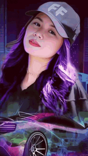 a woman with purple hair is wearing a hat with the letter f on it and a car in the background .