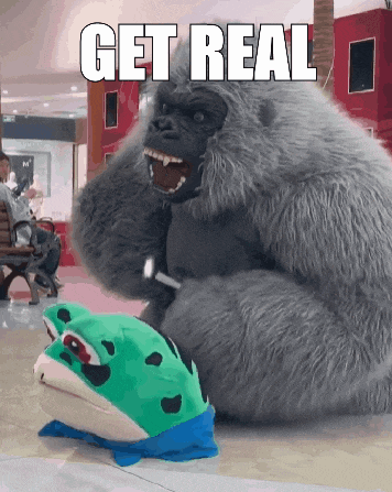 a stuffed gorilla is sitting next to a stuffed frog with the words get real above it