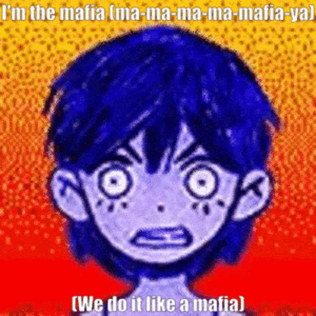 a cartoon of a boy with blue hair says i 'm the mafia