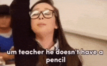 a woman wearing glasses is crying in a classroom and says that her teacher does n't have a pencil