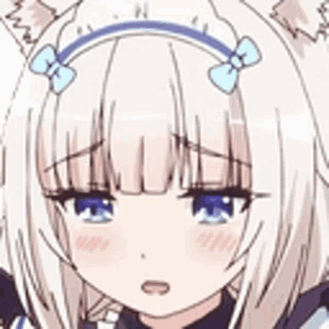 a close up of a anime girl with white hair and blue eyes .