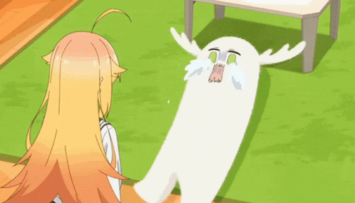a cartoon character with long hair is standing next to a crying white animal with antlers