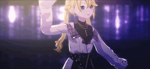 a girl with blonde hair and blue eyes is dancing on a stage in front of a purple background .