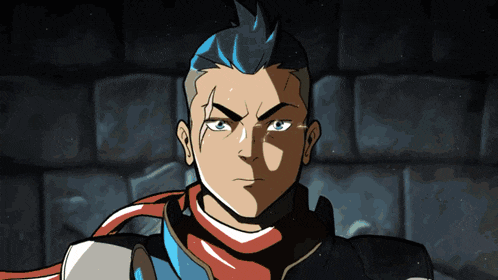 a cartoon drawing of a man with blue hair and blue eyes