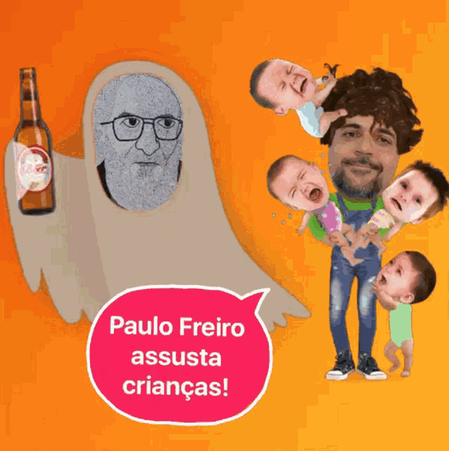 a cartoon of paulo freiro surrounded by crying children