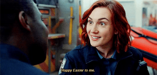 a woman in a police uniform is talking to a man and says " happy easter to me "