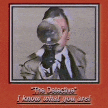 a man in a suit and tie is holding a megaphone in front of his face and says " the detective "